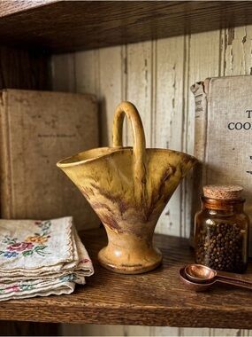 VTG NC Seagrove Cole Bascomb King Yellow Brown Drip Glaze Pottery Basket